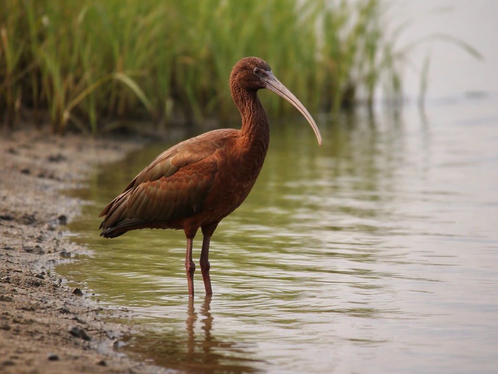 Ibis bird standing by shallow wetland water with soft reflections and reeds in the background.