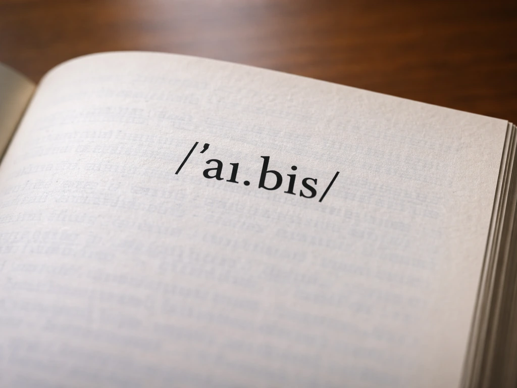 Close-up of an open dictionary page with “aɪ” and “bɪs” syllables shown on the page as simple text-like marks.
