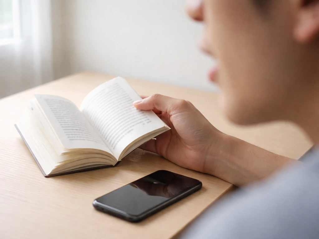 Close-up of a hand holding a small book beside a phone, with ear and mouth in-frame to suggest pronunciation practice.