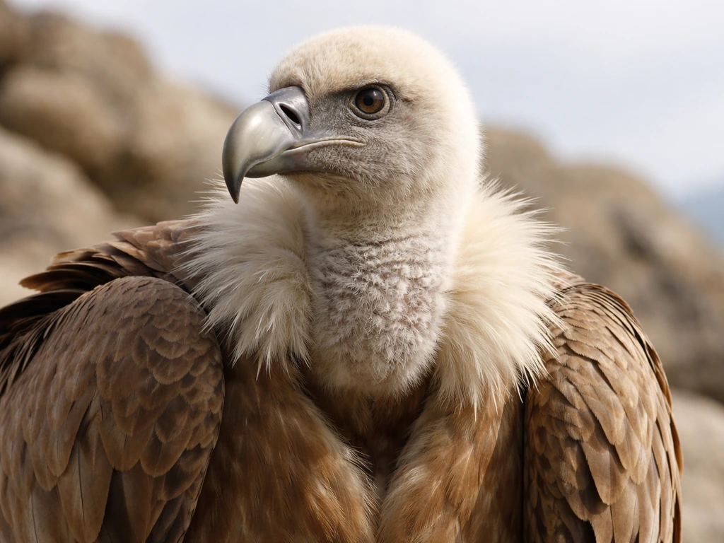 Close-up of a vulture in natural light, sharp focus on its head and feathers.