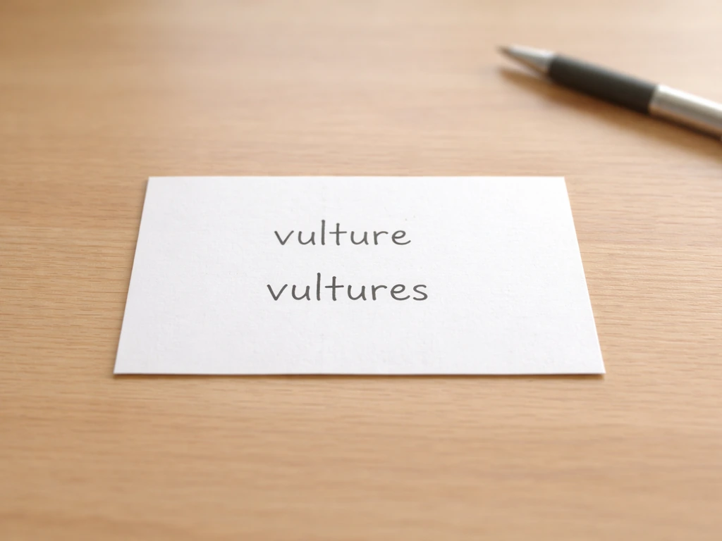 Minimal white card on a wooden desk with two word spellings: “vulture” and “vultures”.