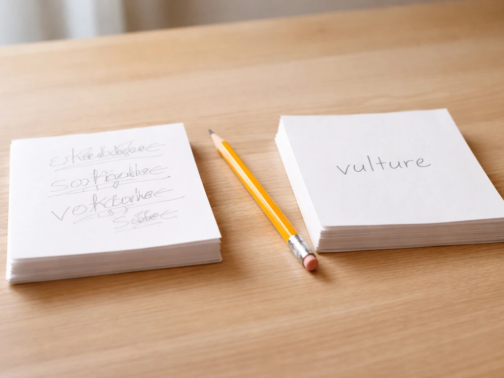 Two paper stacks on a wood desk with pencil-written misspellings vs the correct word vulture.