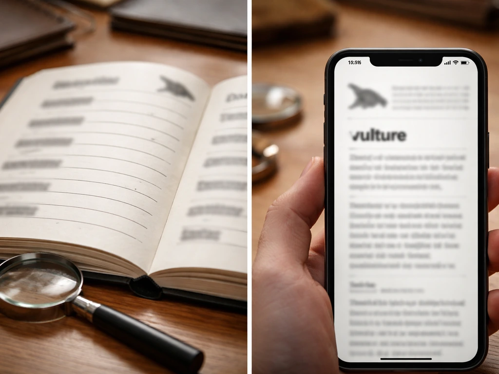 Minimal collage of a phone and open book with blurred bird-name reference entries and a magnifying glass.