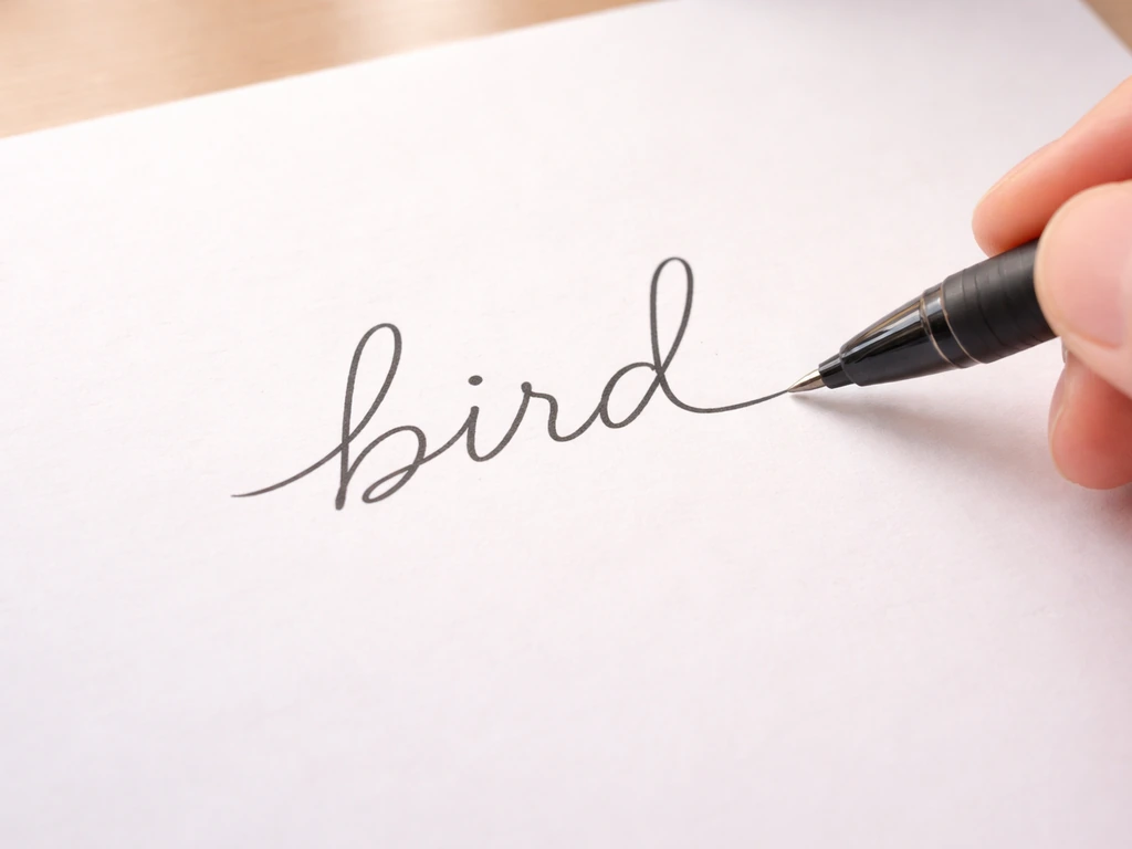 Close-up of a learner’s cursive practice page showing the connected word “bird” being written smoothly.