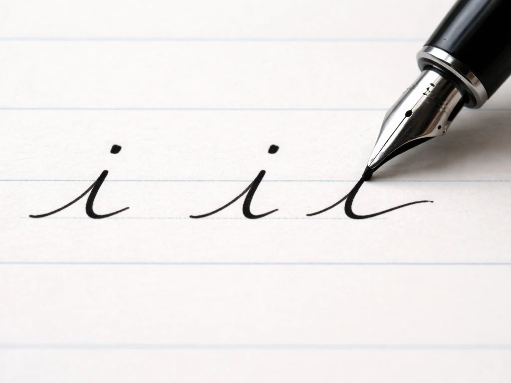 Close-up of a pen forming a lowercase cursive “i” on lined paper, showing entry, downstroke, and exit curve.