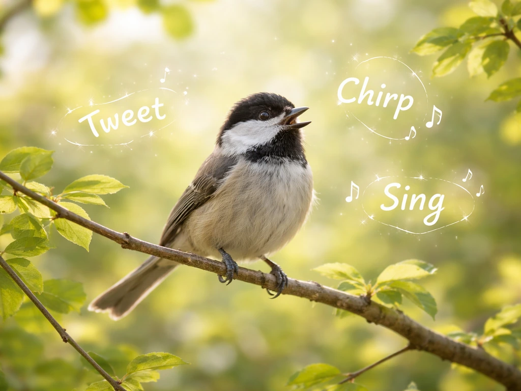 Small bird perched on a branch with subtle English chirp sound-effect words around it.