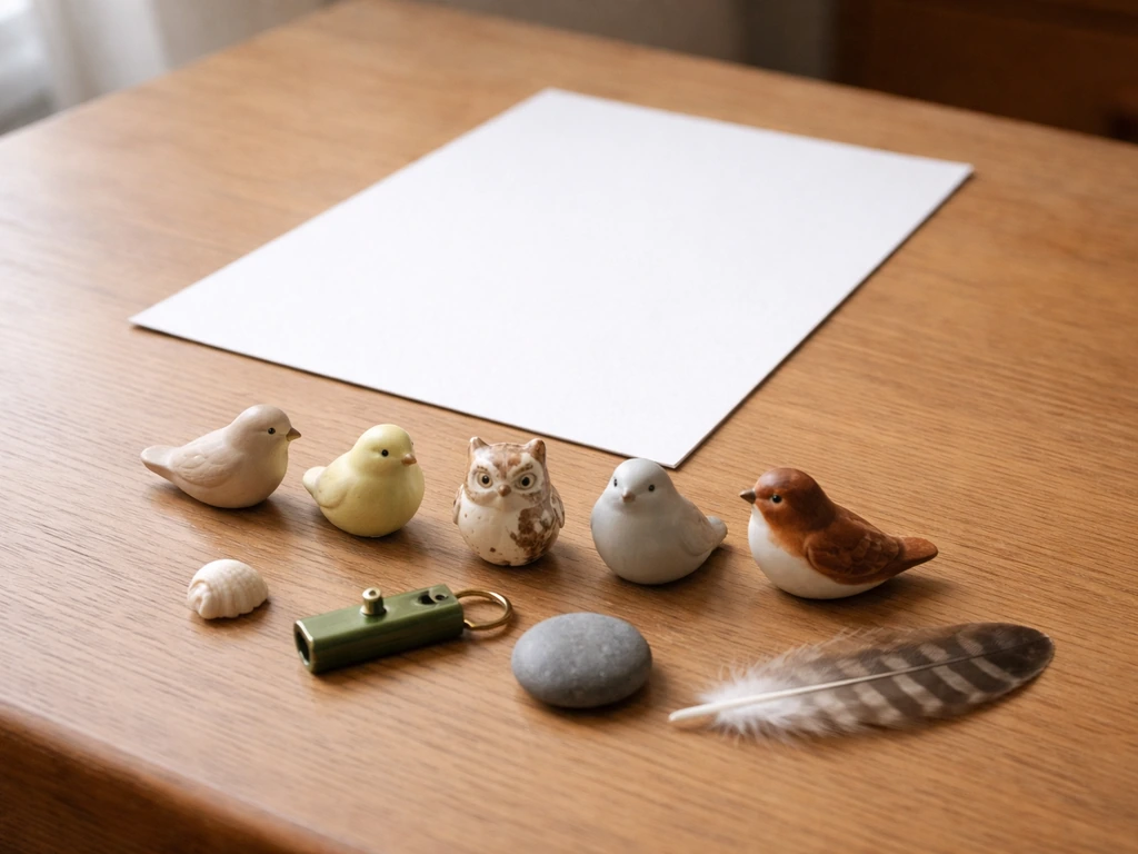 Minimal desk scene with blank paper and small bird figurines suggesting common bird calls.