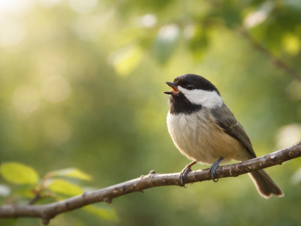 Small bird perched on a branch with its beak open, hinting at a short chirp in soft morning light.