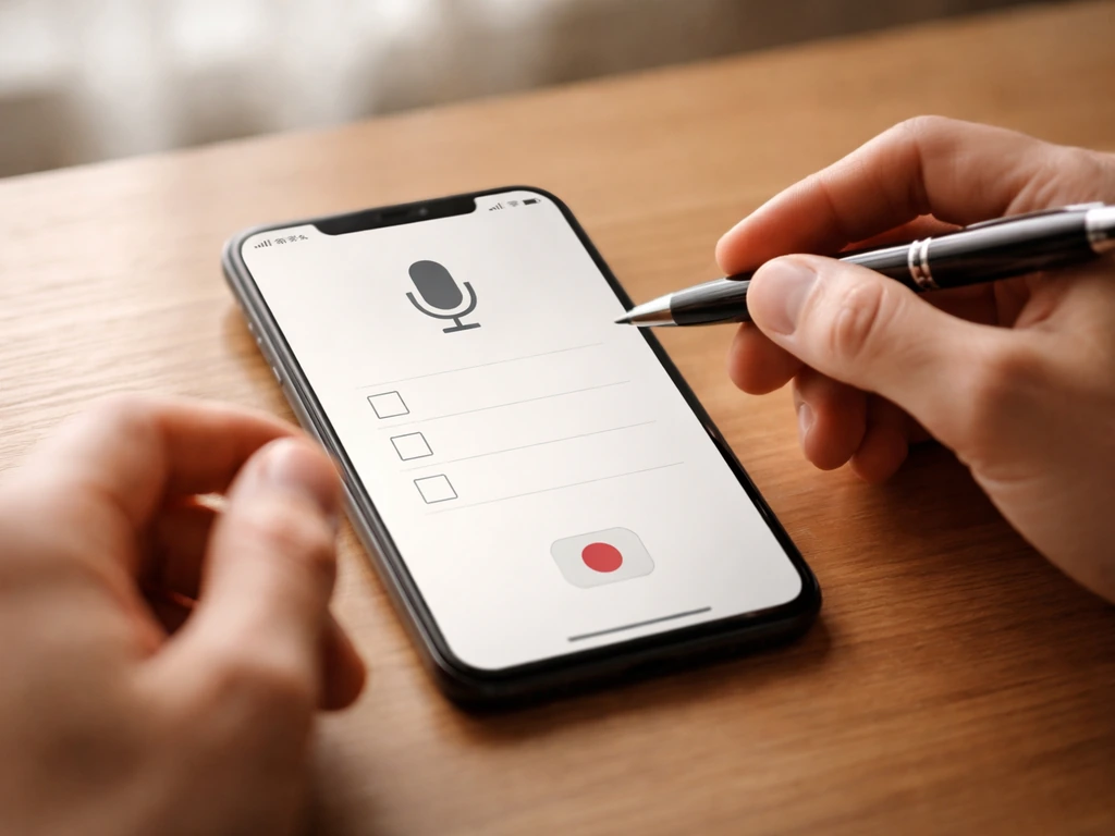 Close-up of a smartphone voice-recording screen with blank checklist checkboxes for pronunciation practice