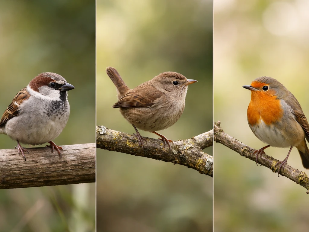 Side-by-side photos of a house sparrow, wren, and robin showing small brown birds and robin traits.