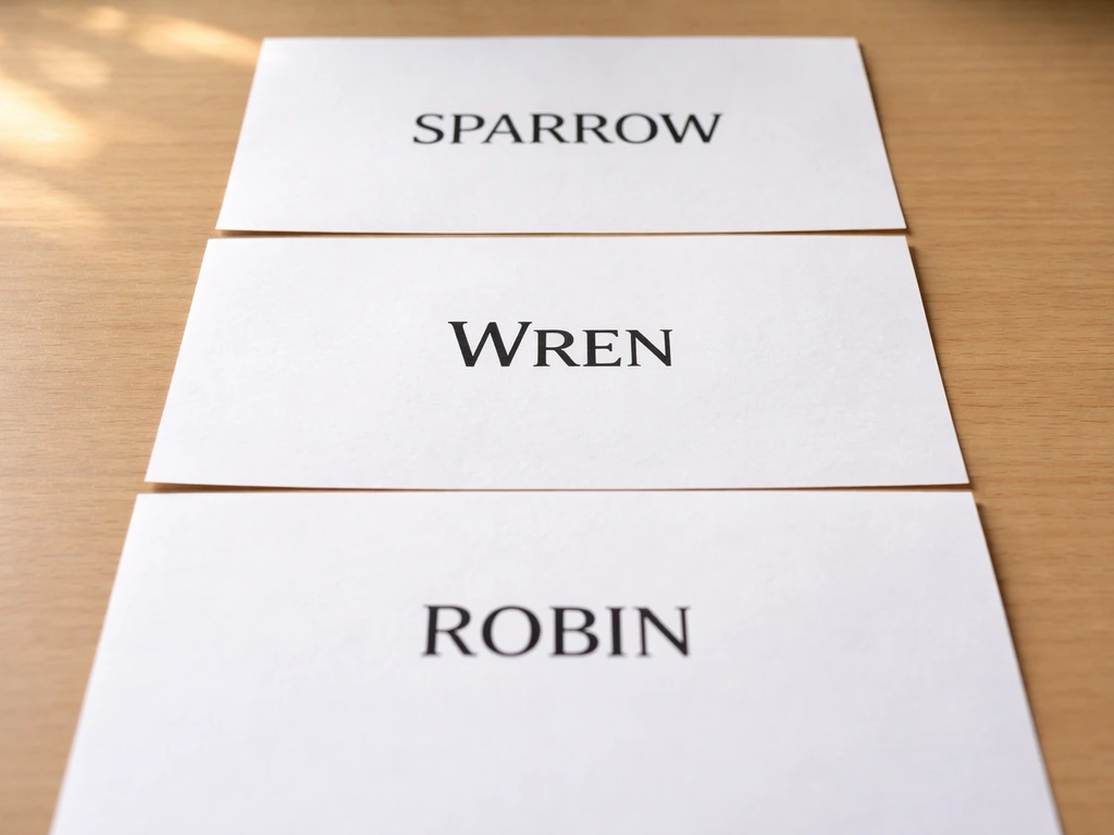 Close-up of three spellings on a desk: SPARROW, WREN, and ROBIN with emphasis on key letters