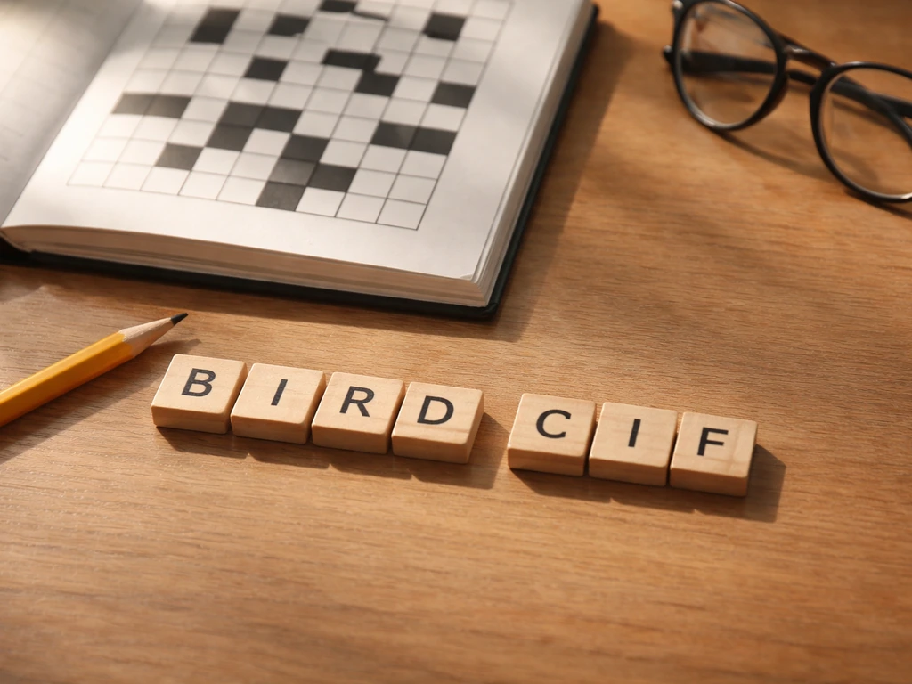 Wooden letter tiles and pencil on a crossword book, suggesting wordplay to build a 7-letter answer.