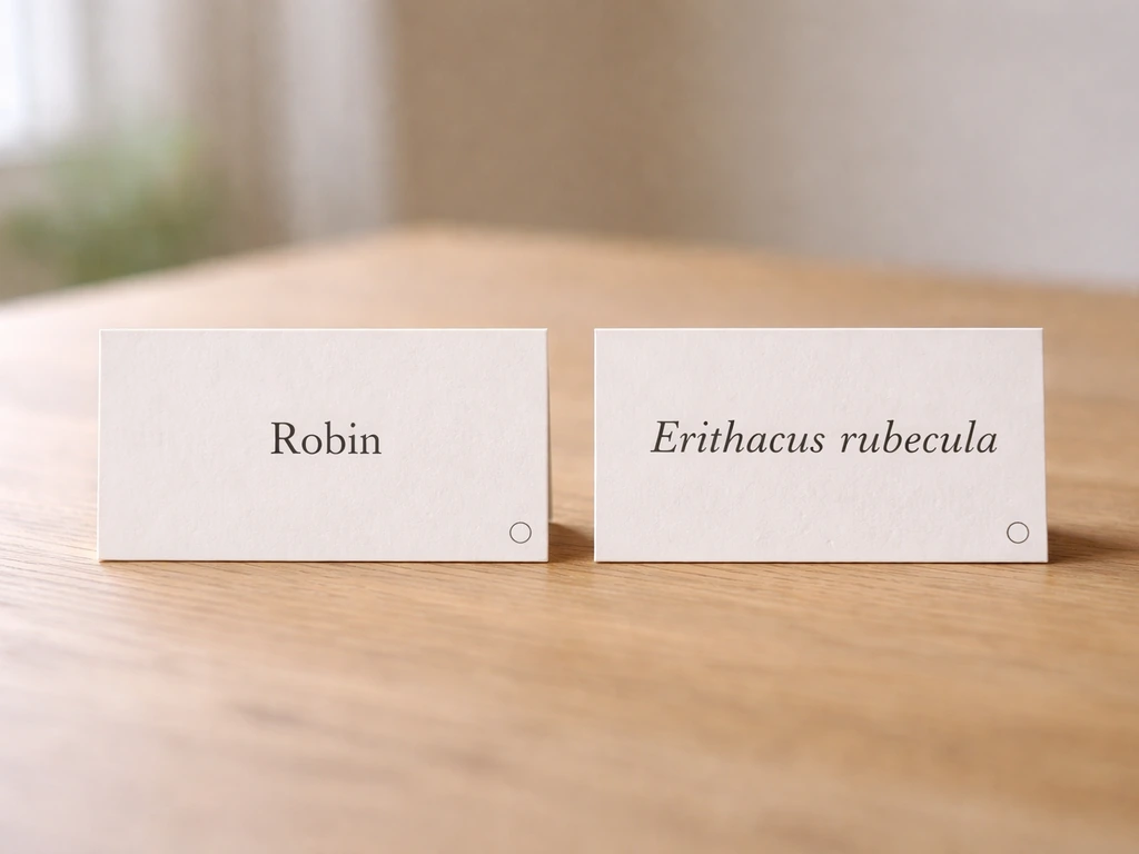 Minimal bird field guide info cards showing a common name and Latin scientific name side by side