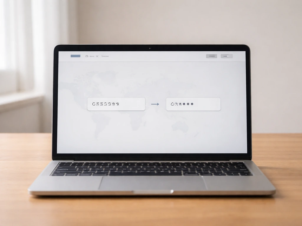 Laptop on a desk showing a simple world-map style bird-name translation flow (mocked, unreadable).