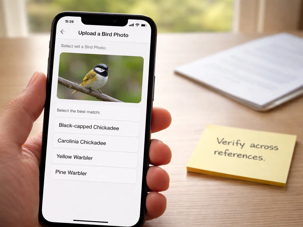 Phone showing Merlin Bird ID upload screen with bird photo and candidate English name options.