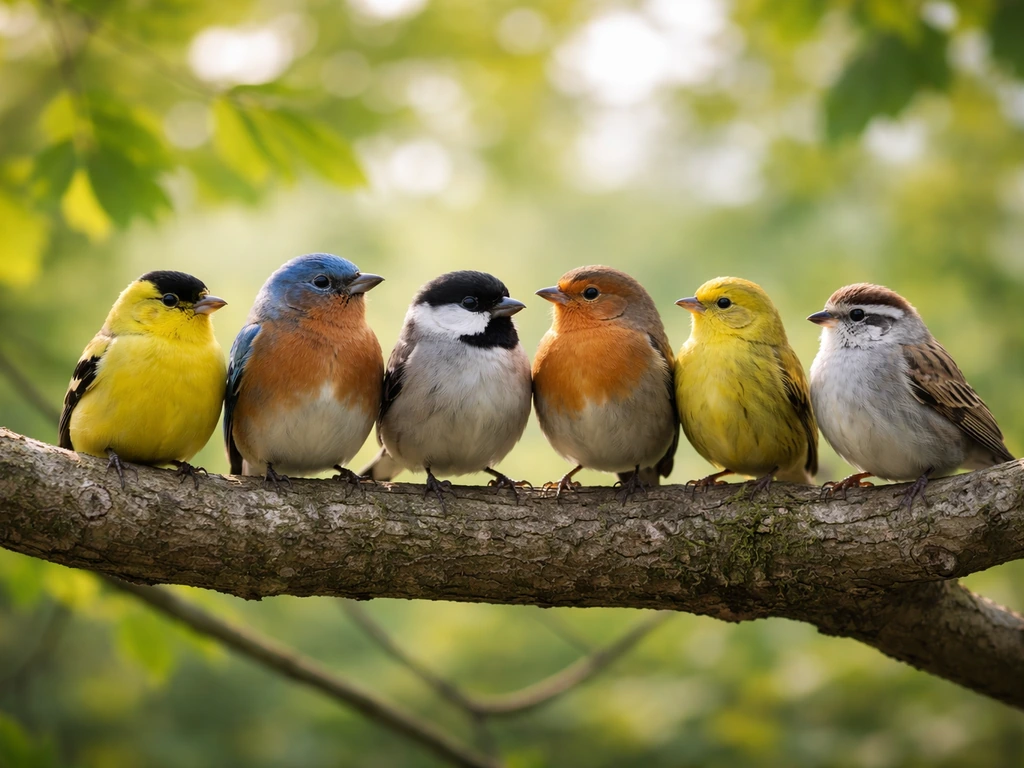 A flock of small birds perched together on a branch in soft natural light.