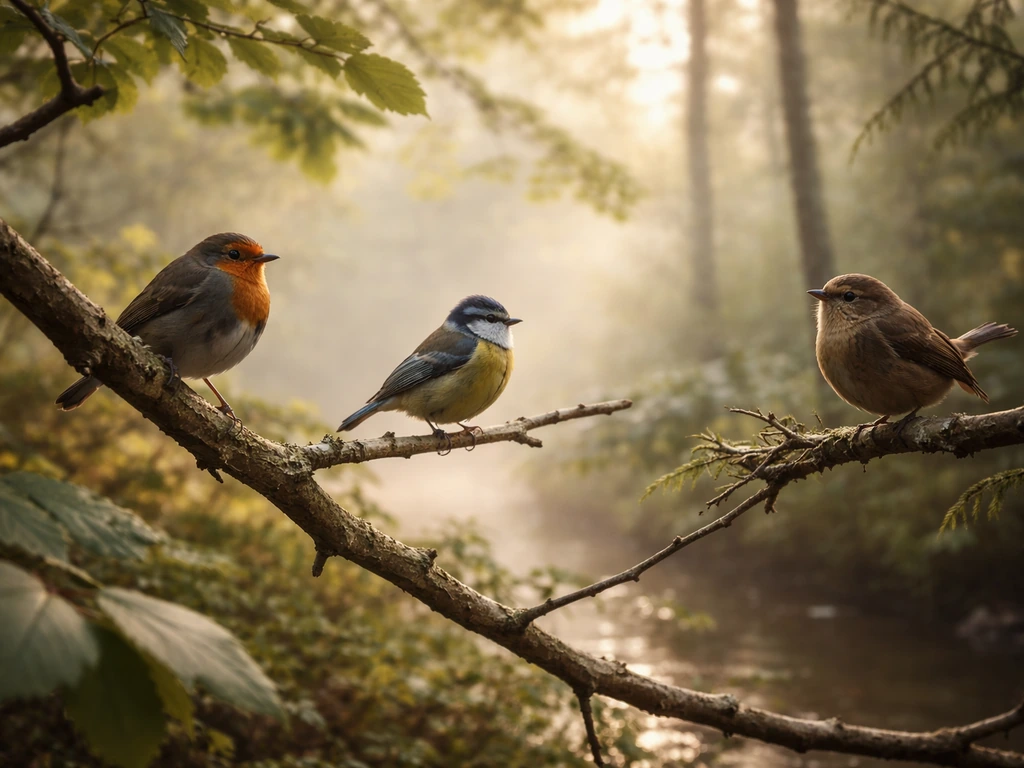 Wild birds perched on branches at dawn in a quiet forest, a birdwatching-style nature scene.