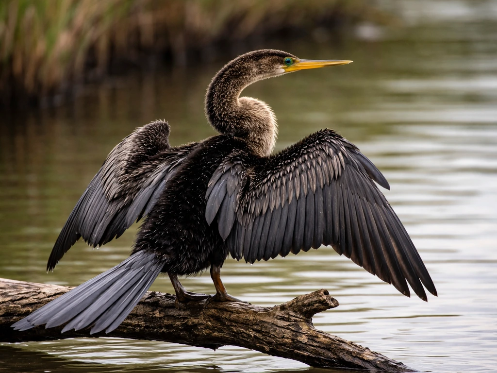 Anhinga bird perched on a river branch with wings partially spread above calm water.