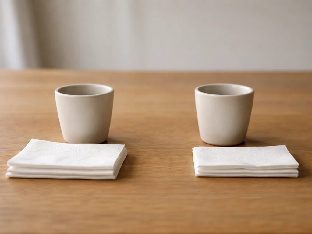Minimal photo of two ceramic cups on a table with napkins arranged to suggest wrong vs correct stress.