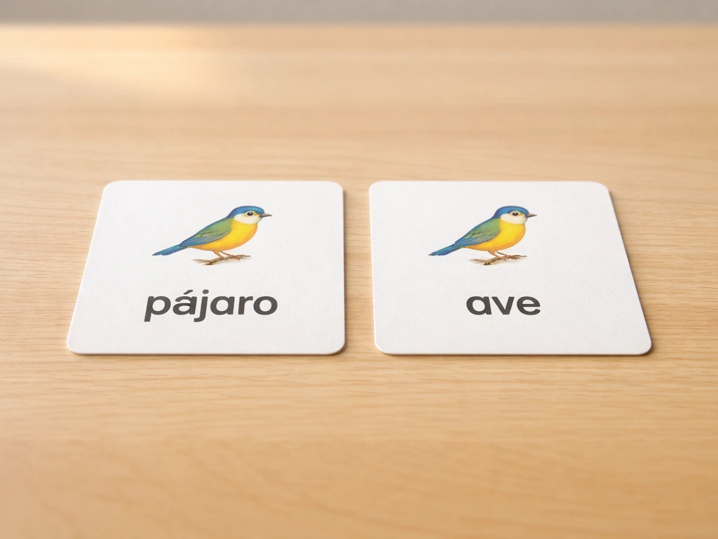 Colorful Spanish vocabulary cards with bird illustrations, showing pájaro and ave in a simple learning scene