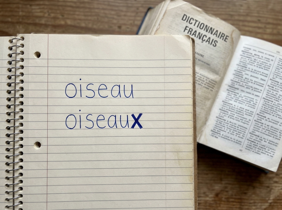 French word “oiseau” written with correct singular and plural spellings