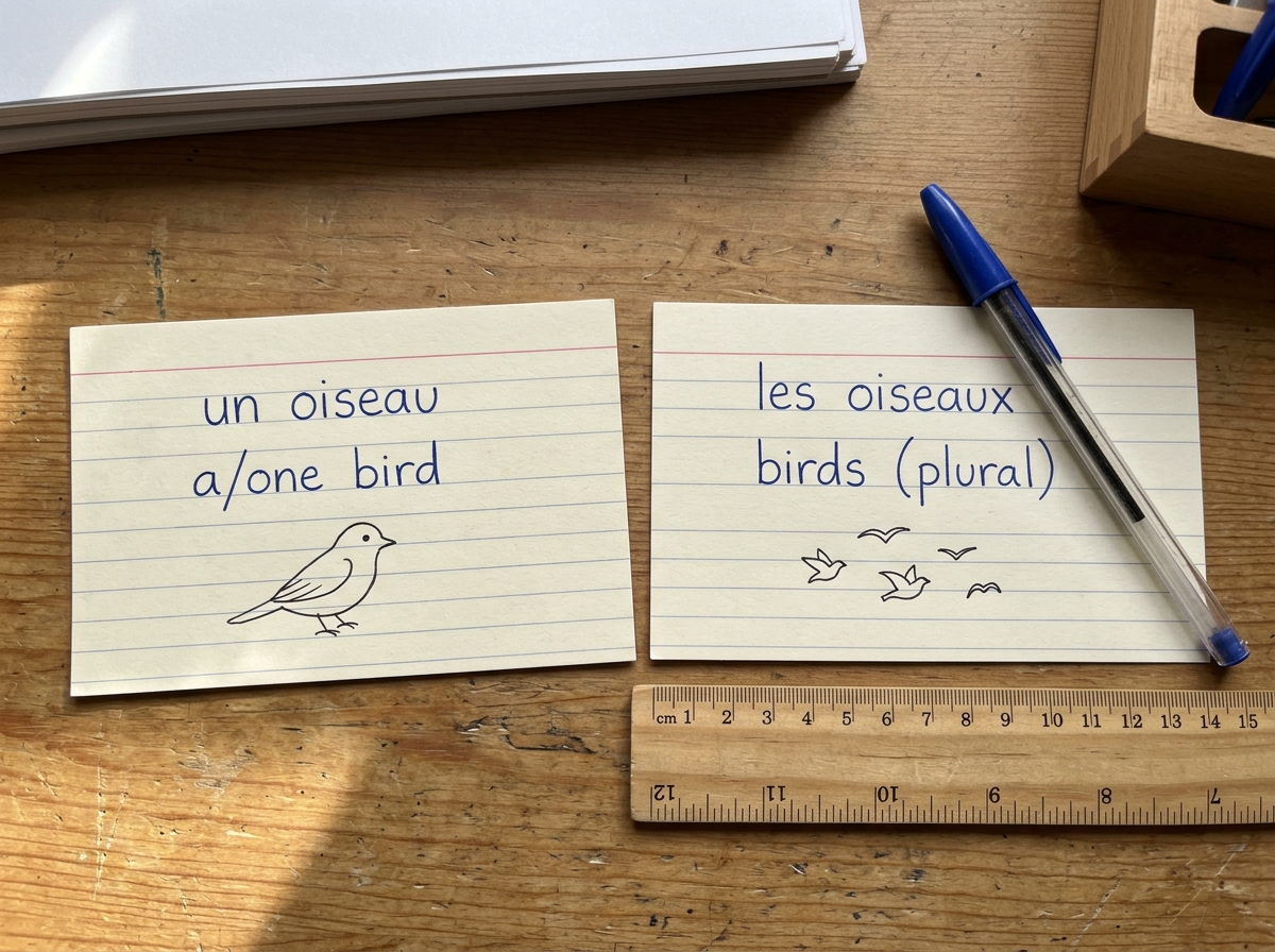 Examples showing articles with “un oiseau” and “les oiseaux” in a tidy two-column card