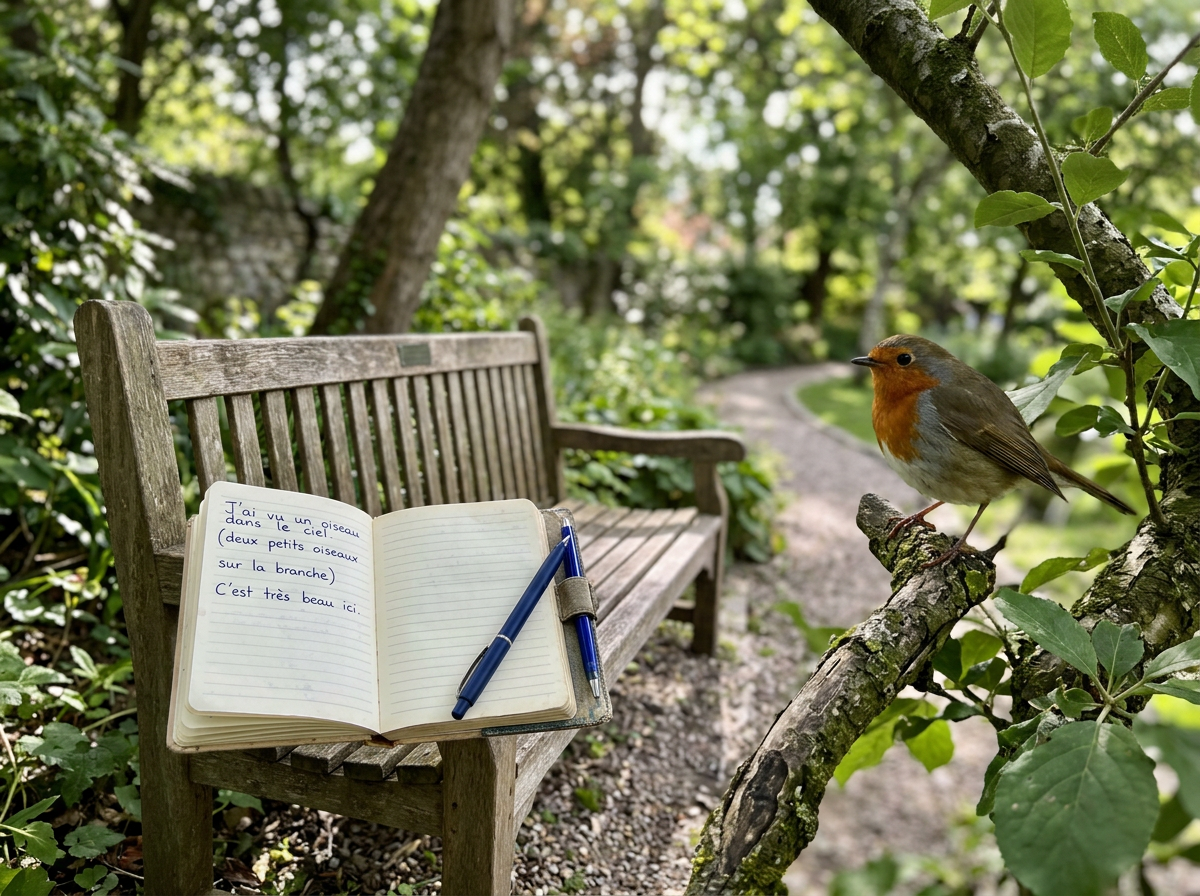 Outdoor scene with a bird reference while practicing French example sentences