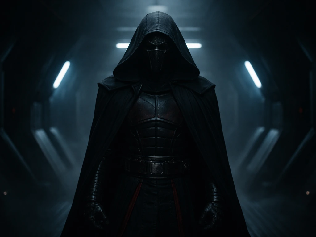 Moody cinematic still of a hooded red-and-black space villain standing in a misty ship corridor.