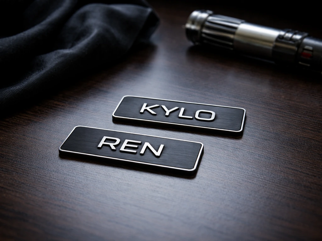 Metal name tags reading KYLO and REN on a dark desk with a blurred lightsaber hilt behind.