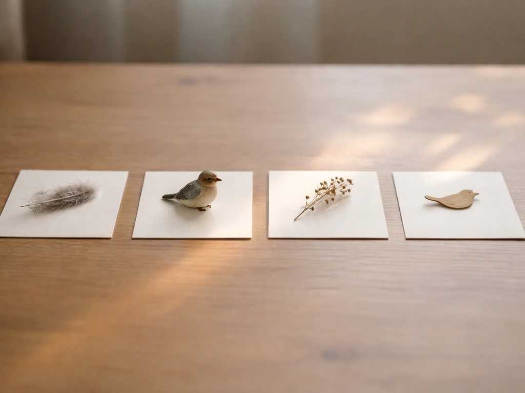 Minimal photo of a wooden desk with a small set of bird-themed cards, one card highlighted in warm light.