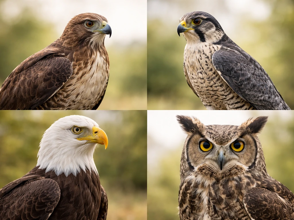 Four raptors—hawk, falcon, eagle, and owl—arranged in a minimal crossword-like pattern with no text.