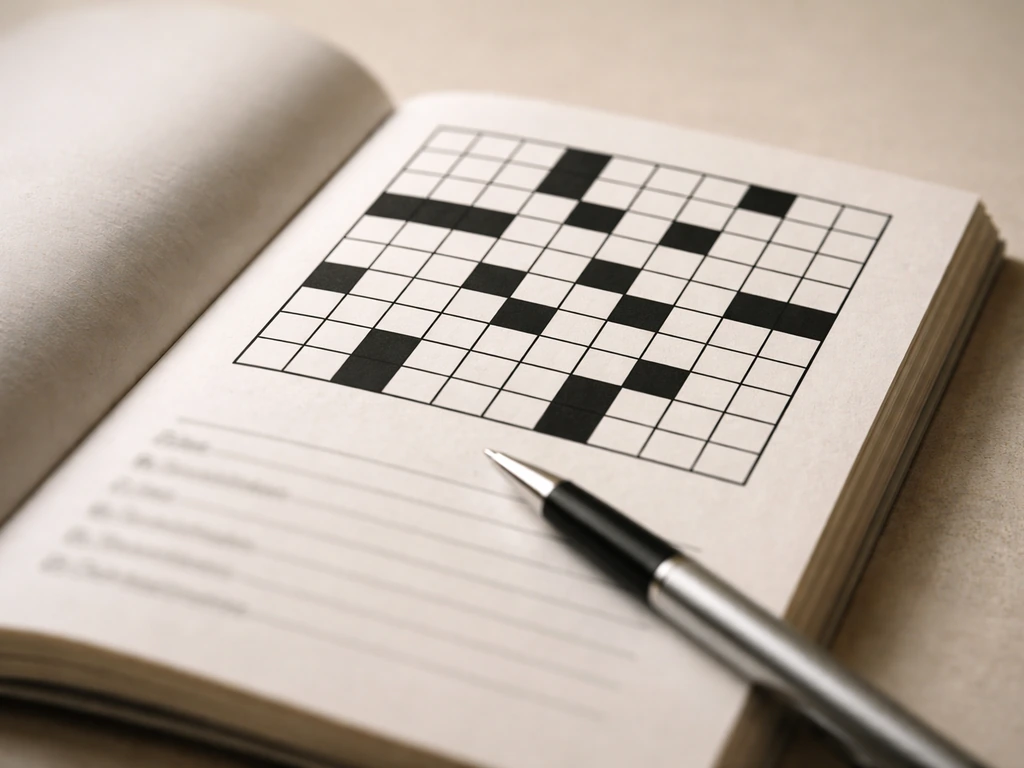 Close-up of a crossword puzzle page with a pen hovering over blank squares near a clue line.