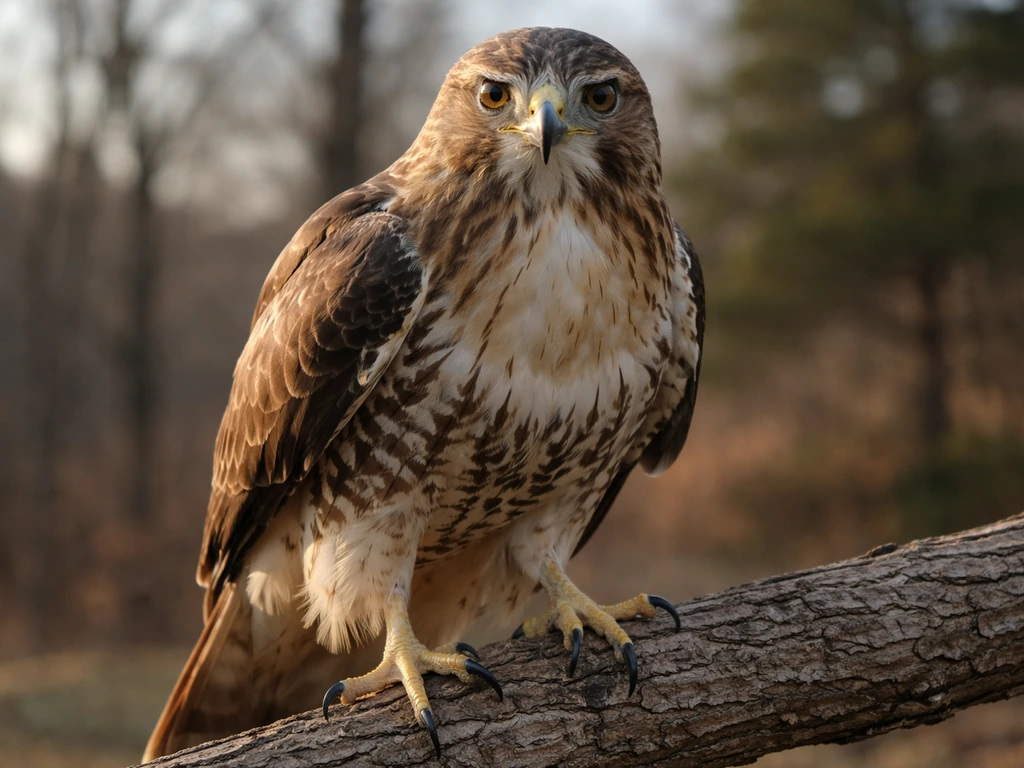 Close-up of a hawk perched on a branch, showing detailed feathers and talons.