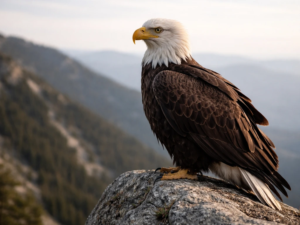 Close-up of a perched eagle with sharp focus on its eye and head, wings partially folded.