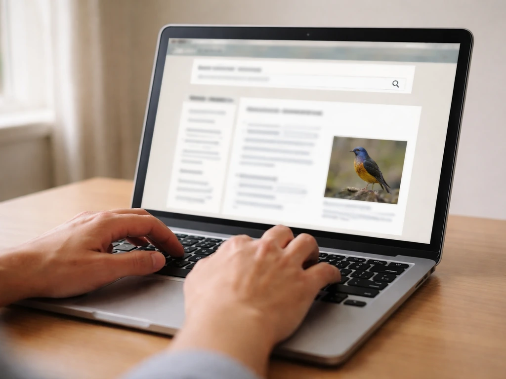 Close-up of a laptop showing a birding website search results area for a species name, no readable text
