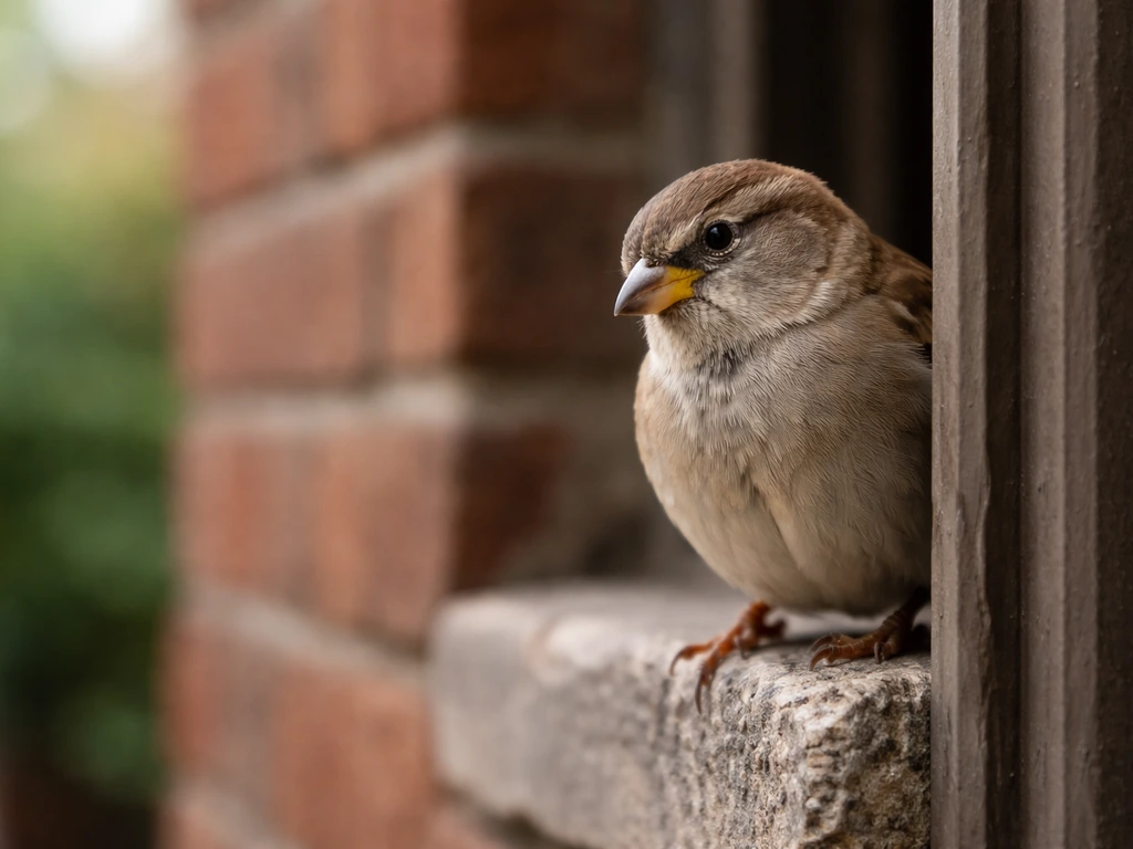 Close-up of a small brown house sparrow perched near a building doorway in soft natural light.