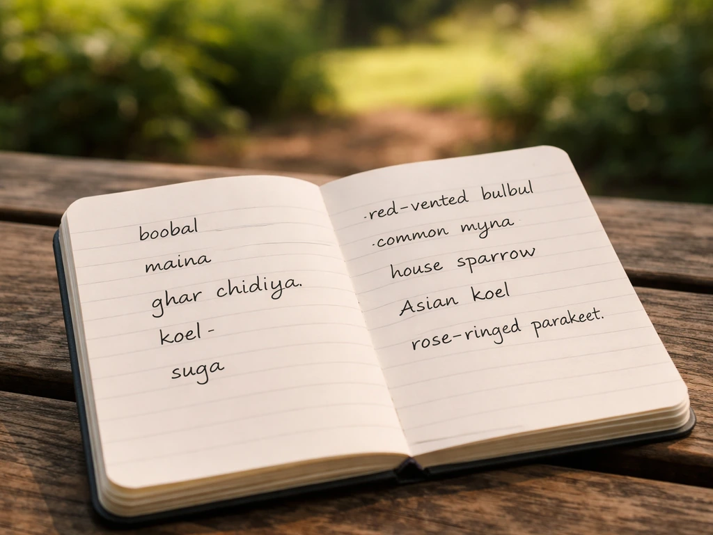 Close-up of a small notebook with a handwritten list of local bird names and likely English matches, blurred background