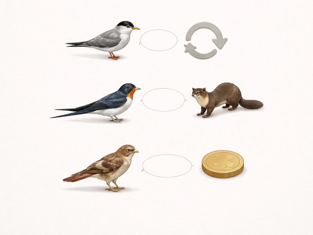 Minimal off-white illustration with bird and object icon pairs for bird homophone meaning callouts, no text.