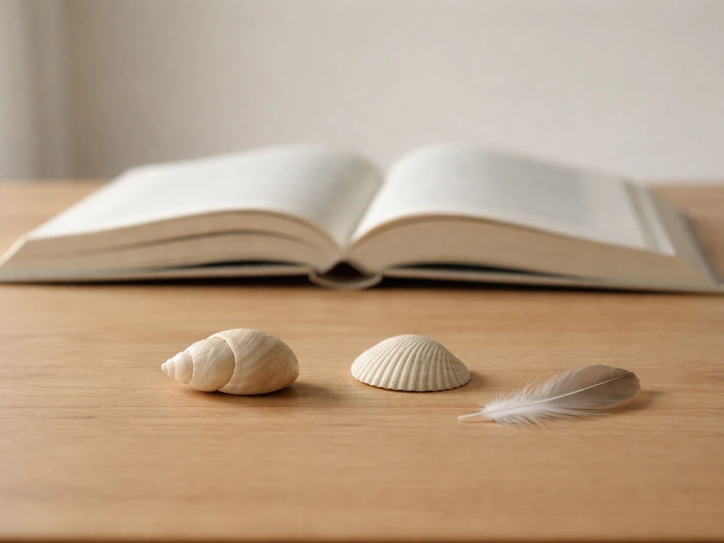 Close-up of an open book with two small shells labeled sea and see, beside a simple bird feather.