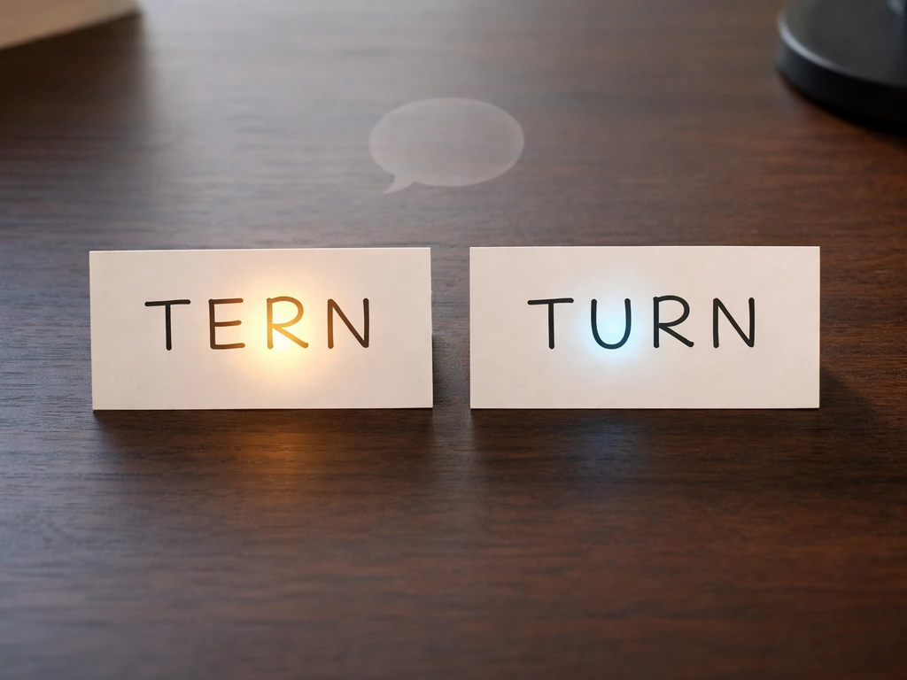 Two letter cards showing TERN and TURN with highlighted vowels on a simple desk.