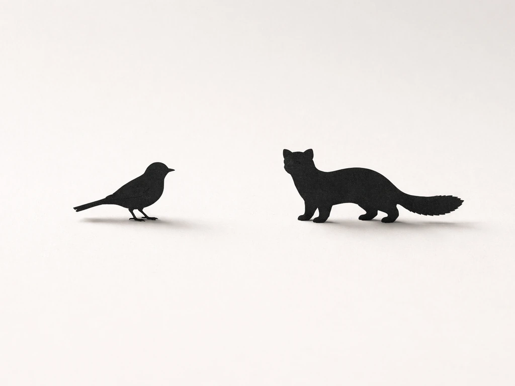 Minimal scene showing a small bird silhouette beside an animal silhouette, hinting Martin vs. marten pronunciation