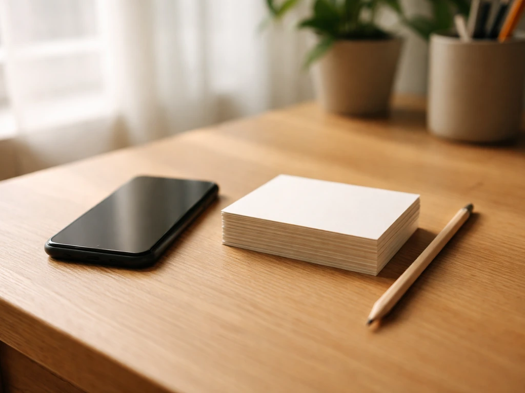 Wooden desk with blank index cards and pencil under natural light, suggesting a quick reference list.