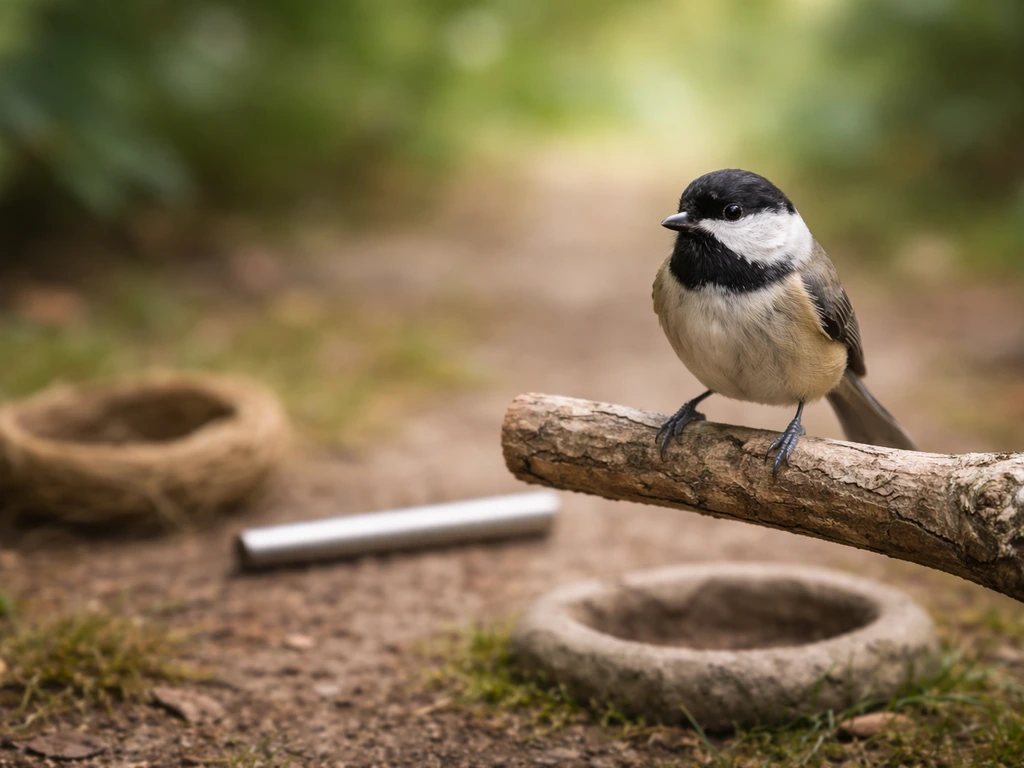 Small bird on a branch with nearby nest and rod-like perches suggesting multiple resting places.