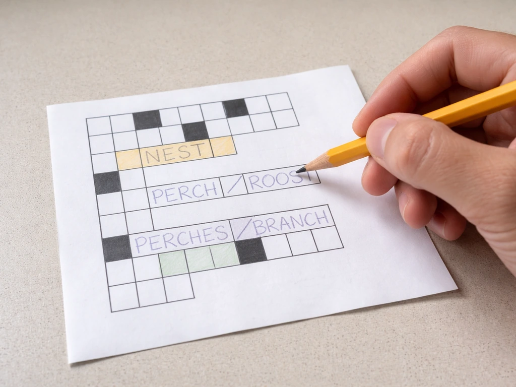 Hand holding a pencil over a small mock crossword grid with 4-, 5-, and 6-letter blanks highlighted.