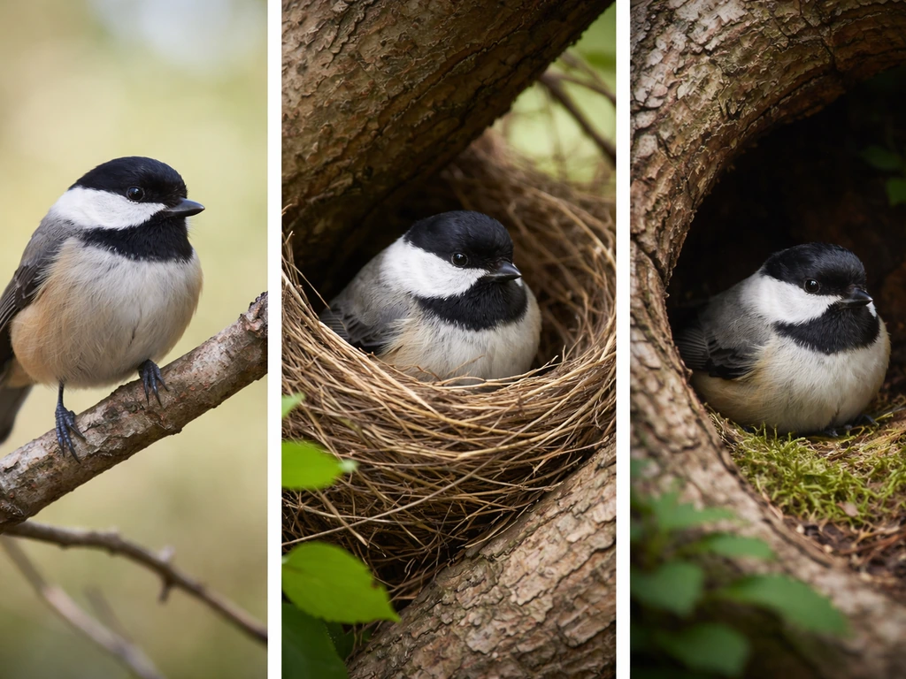 Three minimal scenes: bird perched on a branch, bird in a constructed nest, bird settled in a natural roost.