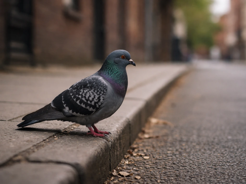A feral pigeon stands on a city curb with blurred urban buildings behind it.