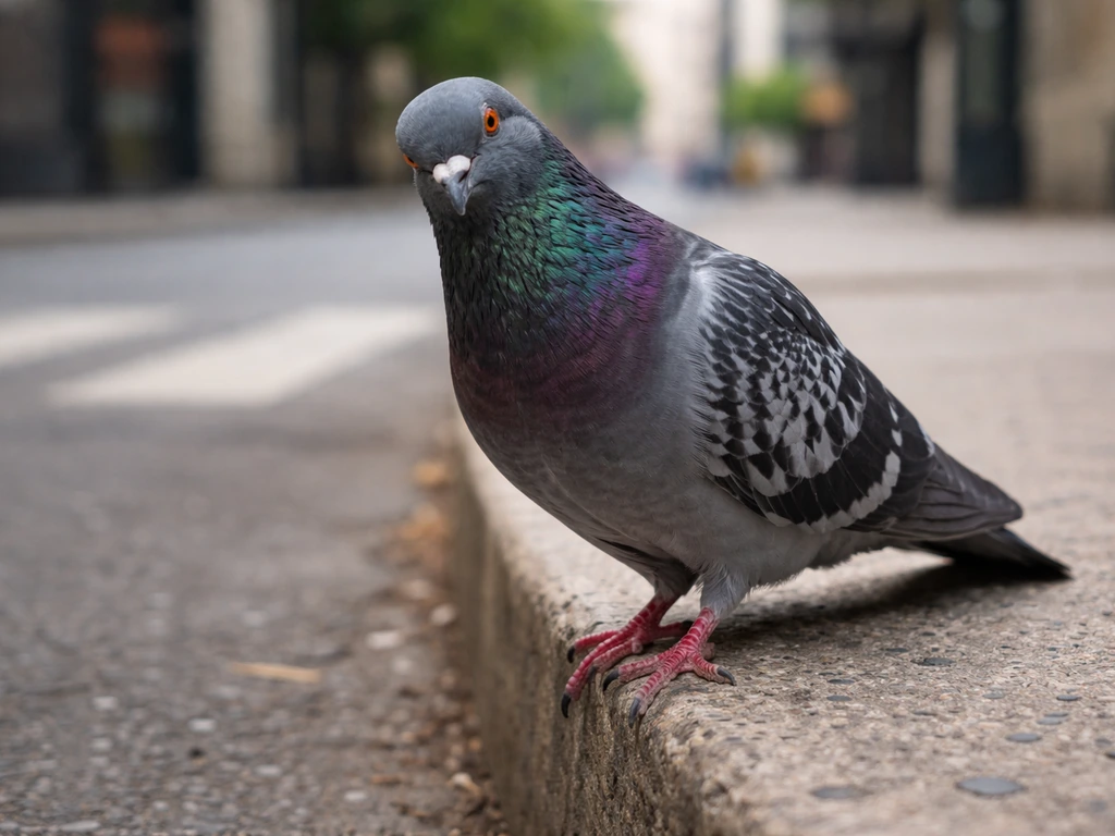 Feral pigeon perched on a city sidewalk ledge with a softly blurred street background.