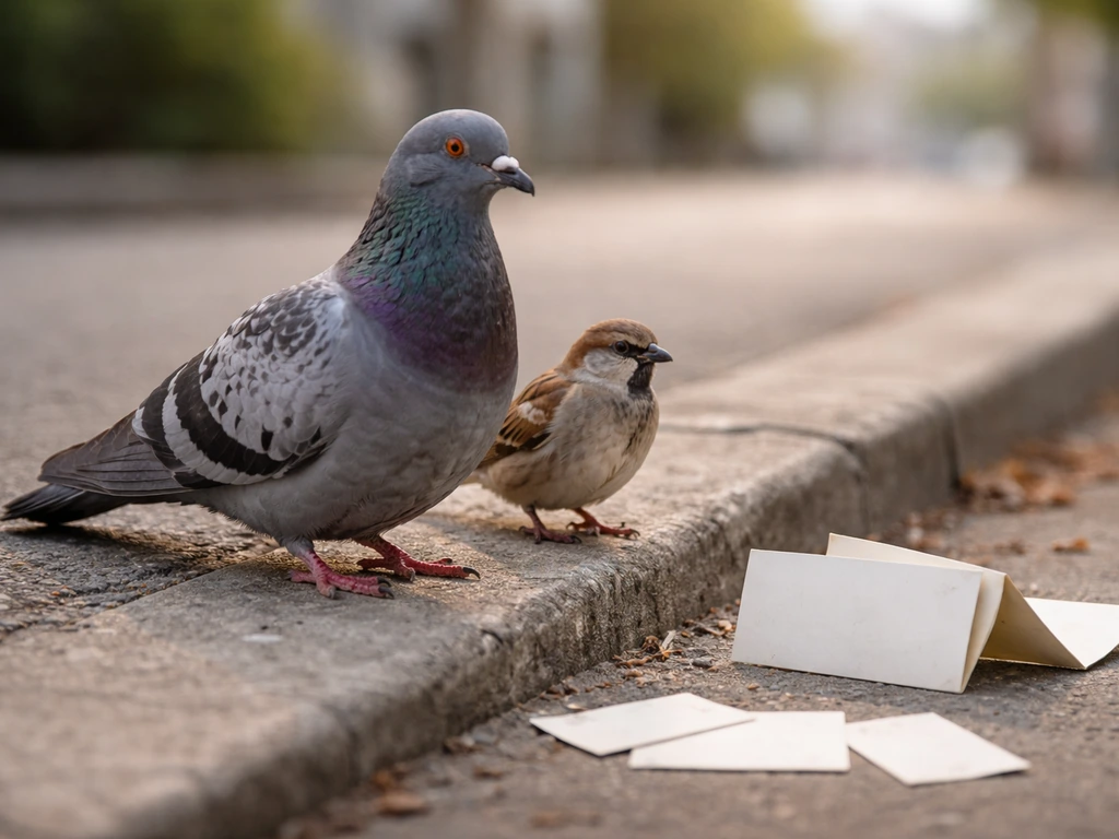 Close-up of a pigeon and a sparrow on a quiet street, with natural details hinting at common vs formal names.