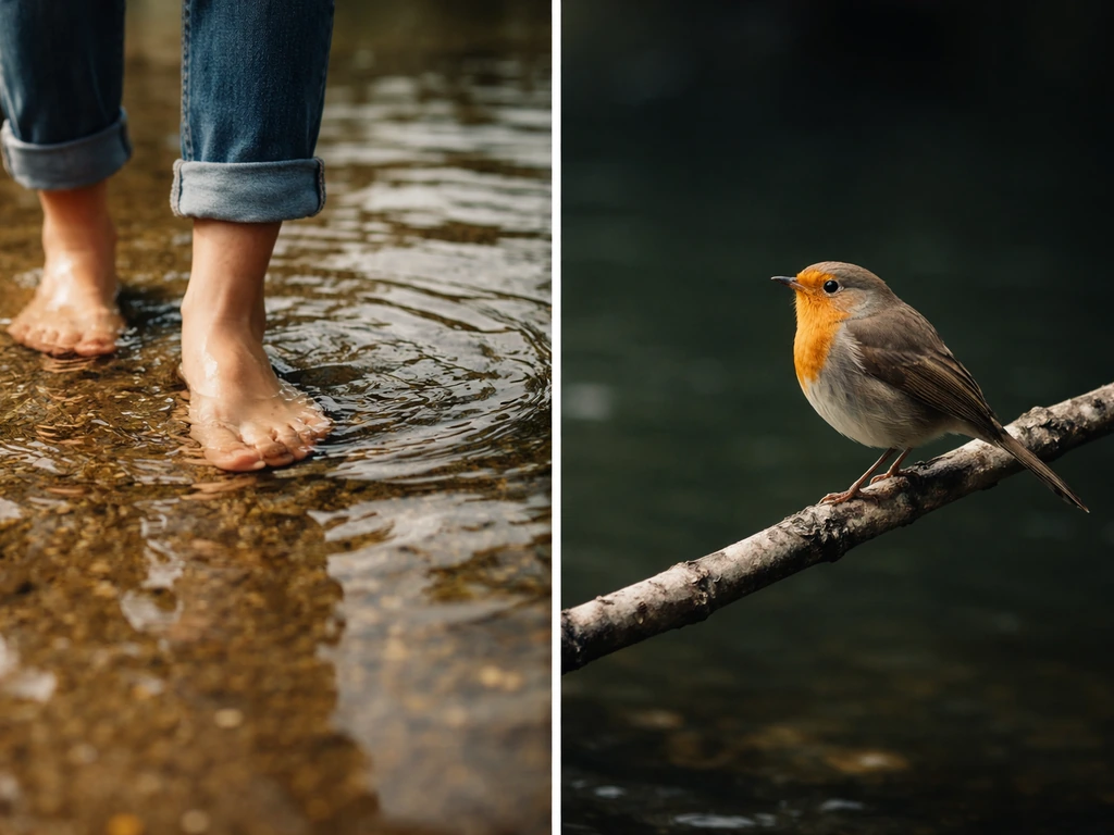 Minimal split photo showing a person’s feet wading in shallow water and a close bird silhouette