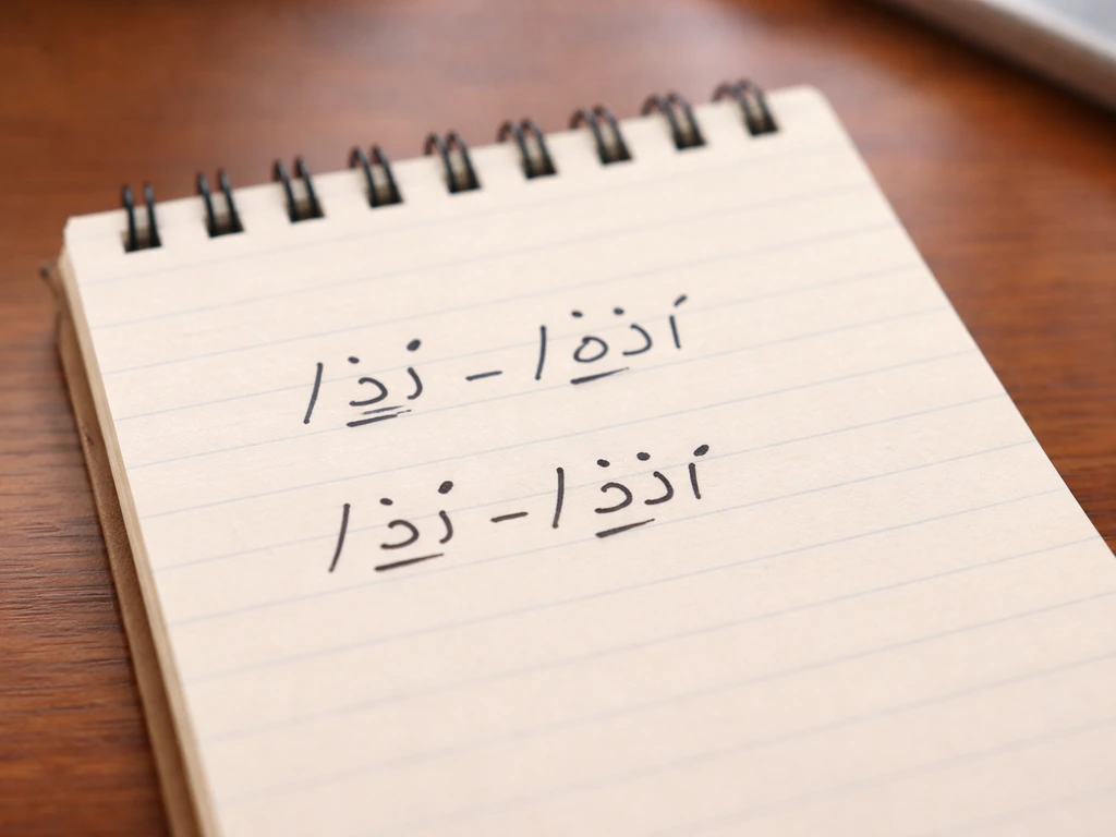 Close-up of a notebook with handwritten phonetic stress marks comparing wrong and correct pronunciation.